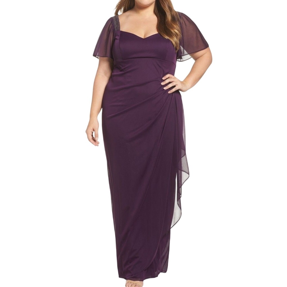 Xscape Womens Plus 22W Plum Purple Beaded Shoulder Ruched Evening Gown Dress